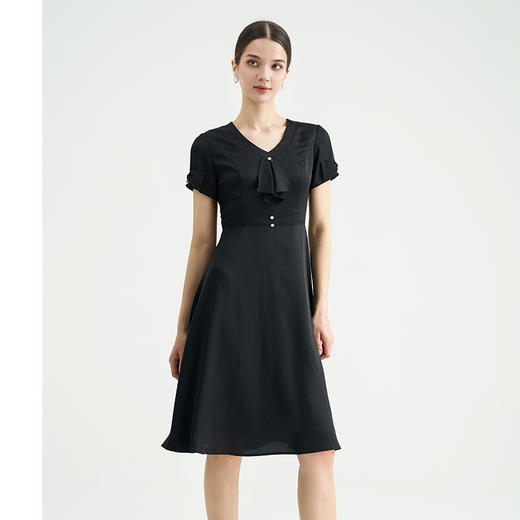 司歌v领修身短袖净色连衣裙小黑裙EA891113X 商品图4