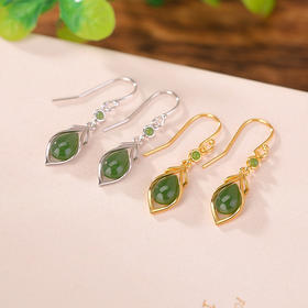 S925纯银镀金和田玉碧玉水滴耳坠CW