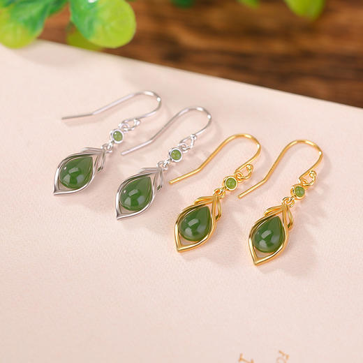 S925纯银镀金和田玉碧玉水滴耳坠CW 商品图0