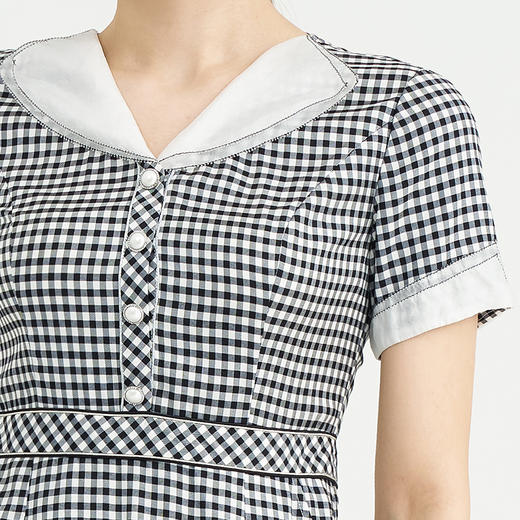 司歌格子复古短袖连衣裙圆领修身A891409X 商品图1