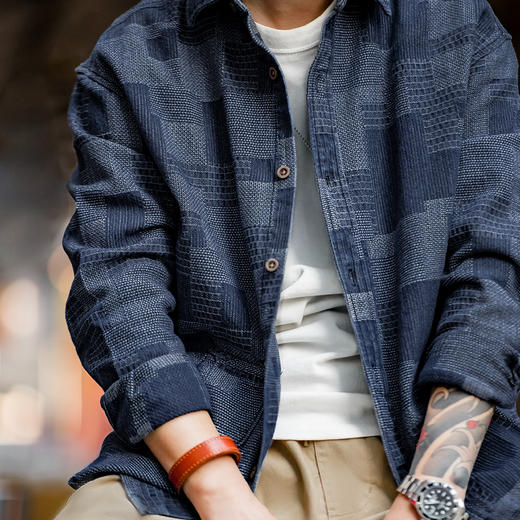 马登工装 日系复古boro蓝染拼接丹宁衬衫百家布牛仔长袖衬衣男春 商品图5