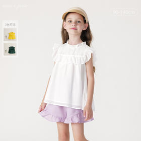 【马克珍妮 芦芙】夏装新款 女童棉真丝微褶木耳边小衫230737