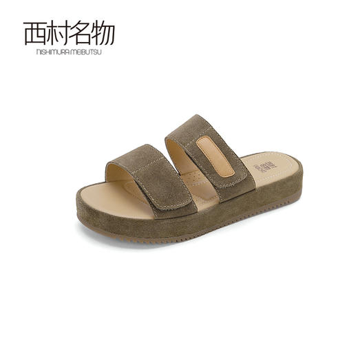 西村名物2024夏季新品透气休闲魔术贴凉拖女外穿时尚柔软真皮纯色X24BJ20101 商品图1