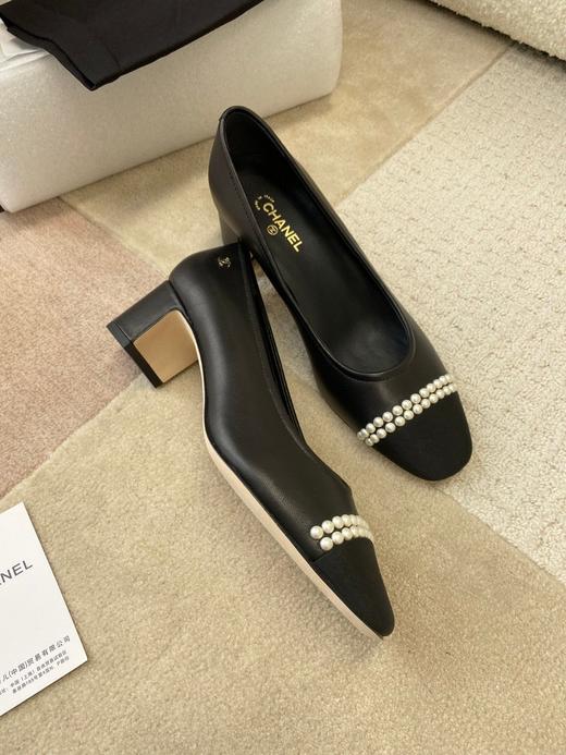 【牛货】小香经典拼接珍珠高跟鞋进口羊皮拼接丝绸方头浅口办公室通勤单鞋女 商品图6