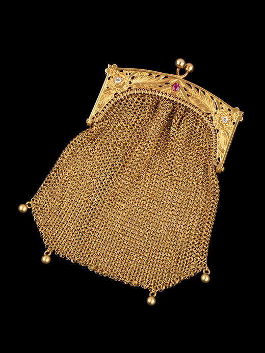 独角鹿西洋古董1870年代法国出品18K黄金网状编织镶嵌红宝石钻石古董女士手包 商品图2