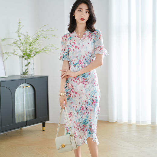 米思阳2025夏季新款优雅气质碎花连衣裙花边袖别致设计感裙子2093 商品图2