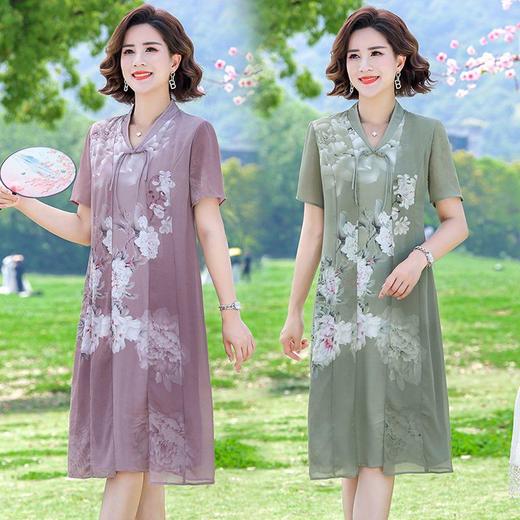 TZF-中国风妈妈夏装短袖连衣裙V领新中式洋气旗袍裙子复古 商品图0