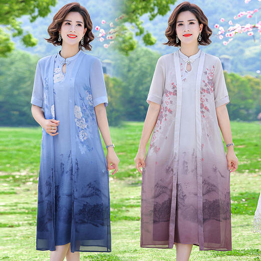 TZF-夏季中年女装假两件连衣裙新中式夏装气质遮肚子裙子 商品图0
