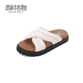 西村名物2024夏季新品透气休闲凉拖女外穿时尚柔软真皮纯色平底X24BJ20121