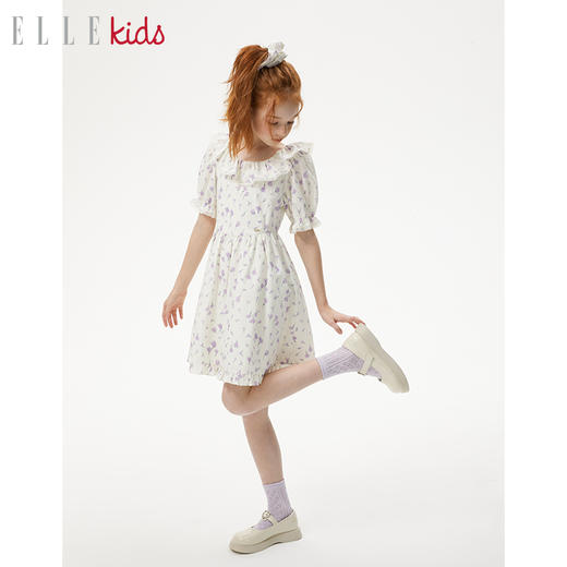 ELLEkids童装 郁金香全棉透气田园风花边碎花连衣裙+发圈 商品图1