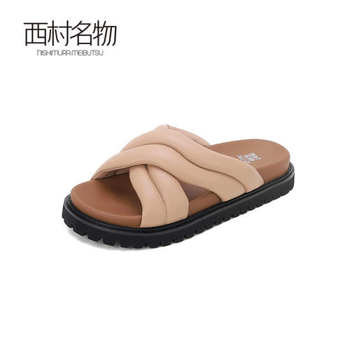 西村名物2024夏季新品透气休闲凉拖女外穿时尚柔软真皮纯色平底X24BJ20121 商品图1