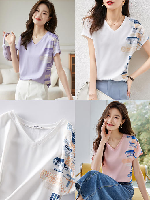 【五折购】熙世界白色短袖雪纺T恤衫夏季2025新款宽松遮肚子休闲印花上衣 商品图1