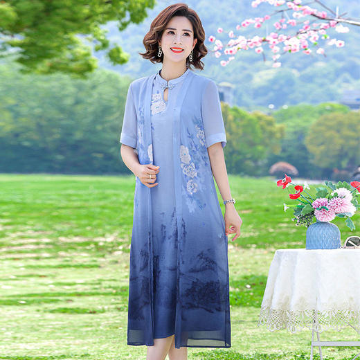 TZF-夏季中年女装假两件连衣裙新中式夏装气质遮肚子裙子 商品图7
