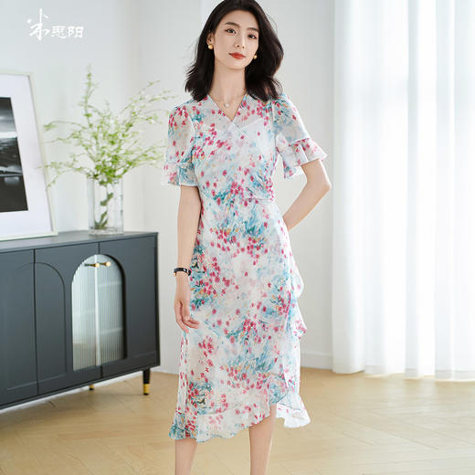 米思阳2025夏季新款优雅气质碎花连衣裙花边袖别致设计感裙子2093 商品图0