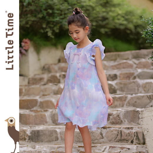 littletime女童裙子超仙2024夏季新款褶皱水母印花度假风连衣裙 商品图0
