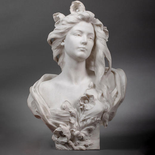 独角鹿西洋古董1900年代西班牙出品卡拉拉大理石精雕少女主题半身像 商品图0