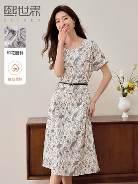 【专属特价】熙世界杏底黑花短袖连衣裙夏季新款复古印花裙子圆领显瘦中长裙