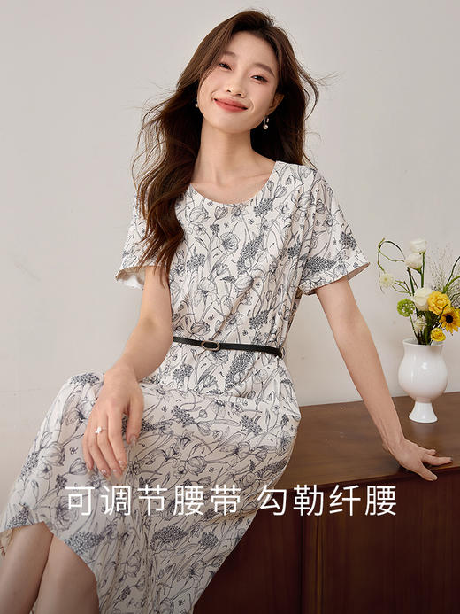 【专属特价】熙世界杏底黑花短袖连衣裙夏季新款复古印花裙子圆领显瘦中长裙 商品图1