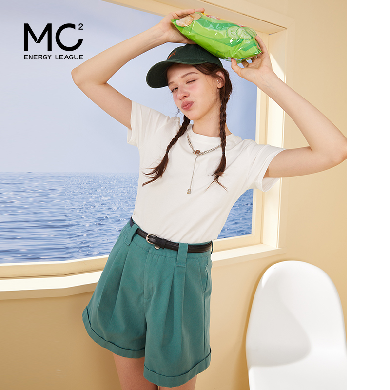 mc2白色圆领短袖T恤女装2024夏季新款净色小短款上衣配吊坠