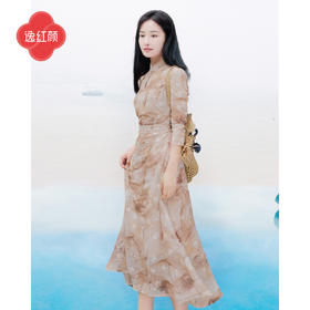 上海逸红颜晚漾2025年春夏新款网布植绒印花水滴领抽褶改良旗袍裙