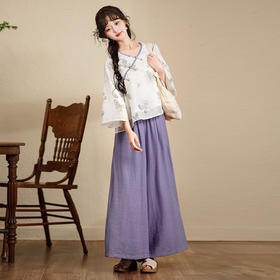 雀说复古汉元素中国风交领盘扣印花七分袖上衣+紫色阔腿裤AL7350