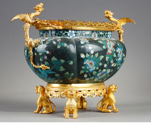 独角鹿西洋古董1880年代法国出品铜鎏金精雕铜胎掐丝珐琅缠枝莲纹花卉主题瓜棱型花盆 商品图2