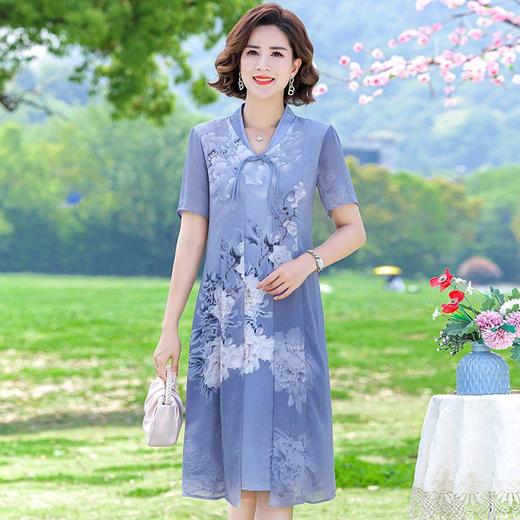 TZF-中国风妈妈夏装短袖连衣裙V领新中式洋气旗袍裙子复古 商品图6