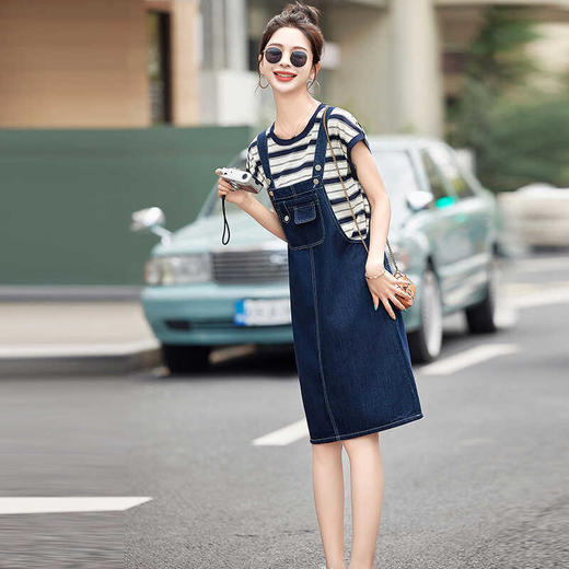 休闲条纹短袖上衣，背带裙两件套装HR-HSYL915 商品图1