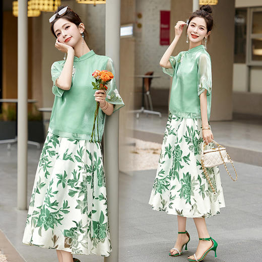 雀说 新中式套装裙女夏季气质显瘦刺绣上衣印花裙两件套4ZF-9655 商品图0