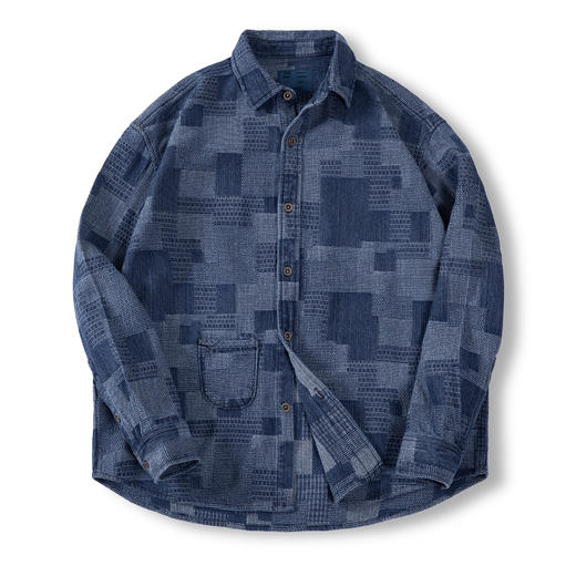 马登工装 日系复古boro蓝染拼接丹宁衬衫百家布牛仔长袖衬衣男春 商品图6