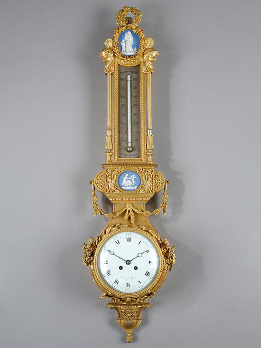 独角鹿西洋古董1880年代法国出品路易十六风格铜鎏金装饰嵌韦奇伍德瓷板晴雨表挂钟 商品图0