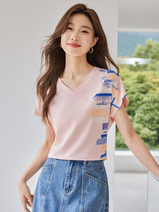 【五折购】熙世界白色短袖雪纺T恤衫夏季2025新款宽松遮肚子休闲印花上衣 商品图4