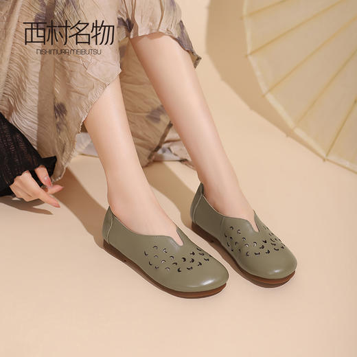 西村名物2024夏季新品软底软面妈妈鞋镂空浅口单鞋平跟透气休闲鞋 商品图3