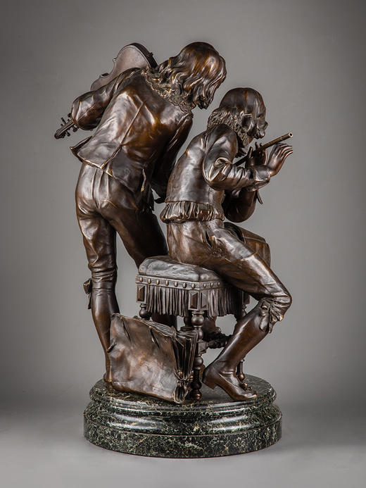 【已售】独角鹿西洋古董19世纪晚期法国雕塑家Adrien Étienne Gaudez设计出品「乐童」主题大理石底座双人青铜雕 商品图2