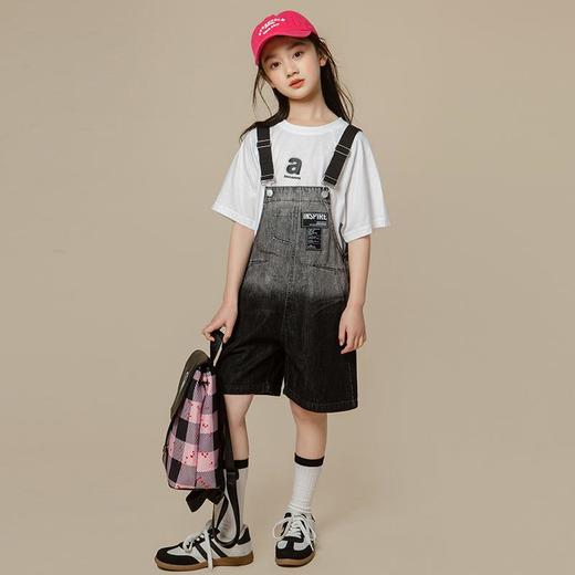 儿童2024女童夏季新品字母款全棉T恤＋牛仔背带裤中大童两件套 商品图2