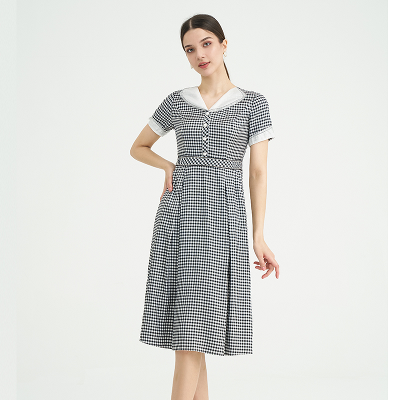 司歌格子复古短袖连衣裙圆领修身A891409X