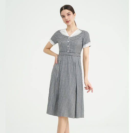司歌格子复古短袖连衣裙圆领修身A891409X 商品图0