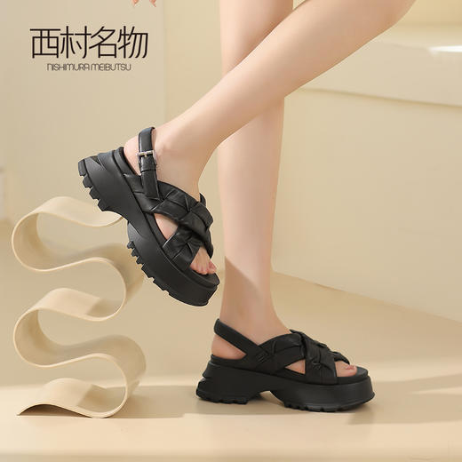 西村名物2024夏季新品真皮舒适圆头厚底时尚简约增高交叉凉鞋女X24BG20331 商品图2