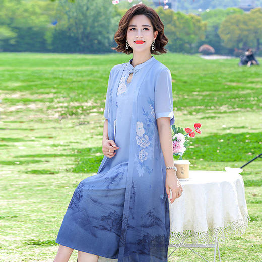 TZF-夏季中年女装假两件连衣裙新中式夏装气质遮肚子裙子 商品图9