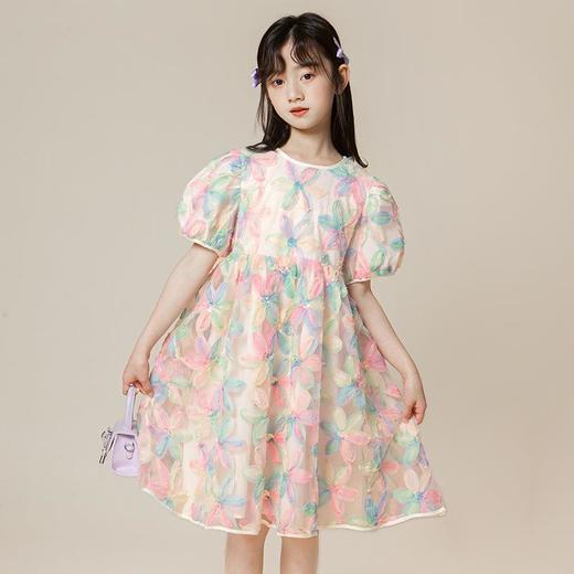 女童夏季裙子2024新款花瓣亮片泡泡袖中大童童装女童连衣裙网纱裙 商品图1