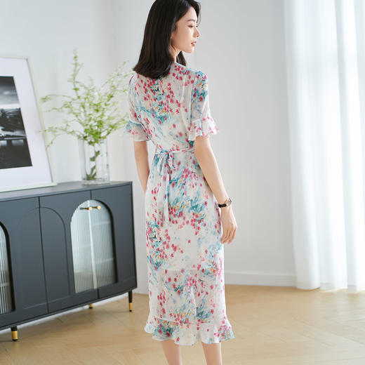 米思阳2025夏季新款优雅气质碎花连衣裙花边袖别致设计感裙子2093 商品图3
