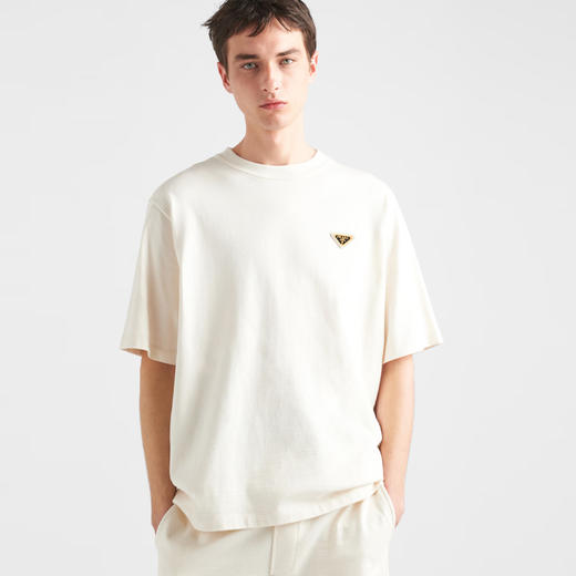 PRADA 普拉达 男士珐琅金属三角形徽标棉质圆领短袖T恤 米色 UJN861 14LK F0018 商品图1