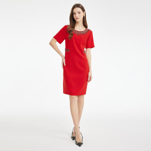 PF891斯尔丽2024新款时尚宴会华丽钉珠款高级感修身礼服圆领短袖连衣裙 商品图3