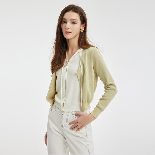 PE631斯尔丽24新款假两件撞色连帽衫双头拉链显瘦减龄时尚开衫针织上衣 商品图2