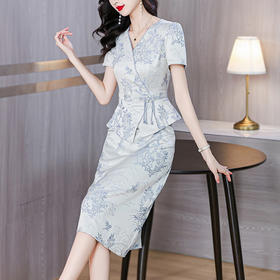 AHM-5012新中式国风青花连衣裙女夏季新款时尚气质收腰显瘦假两件裙子