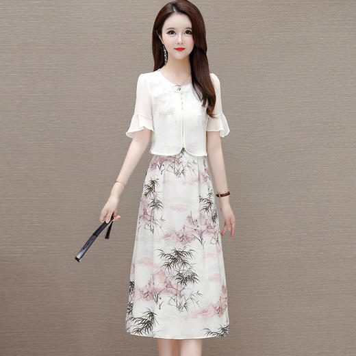 时尚洋气假两件印花连衣裙，中长款拼结时尚A字裙QYM- LRX-AM24708-Y 商品图1