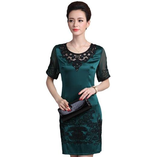 YQ-2024夏季重工真丝连衣裙中长款刺绣桑蚕丝连衣裙弹力缎镂空连衣裙 商品图4