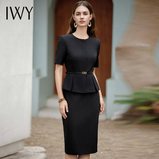 IWY/夏季短袖职业西装半裙黑色气质绑带显瘦西服裙职业女裙套装CS1974 商品图1