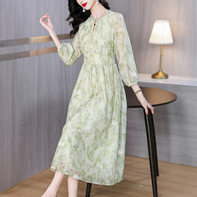 AHM-5009法式碎花茶歇连衣裙夏季新款时尚气质优雅百搭减龄绿色长裙