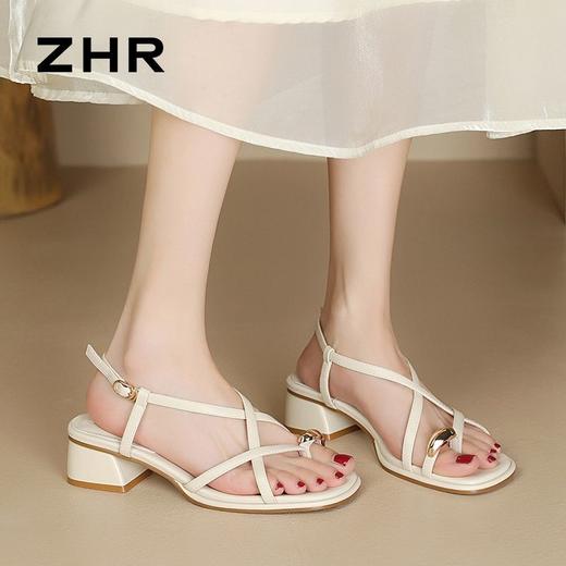 ZHR则则法式绕带夹趾粗跟凉鞋2024新款温柔中跟百搭高级外穿女鞋 商品图3
